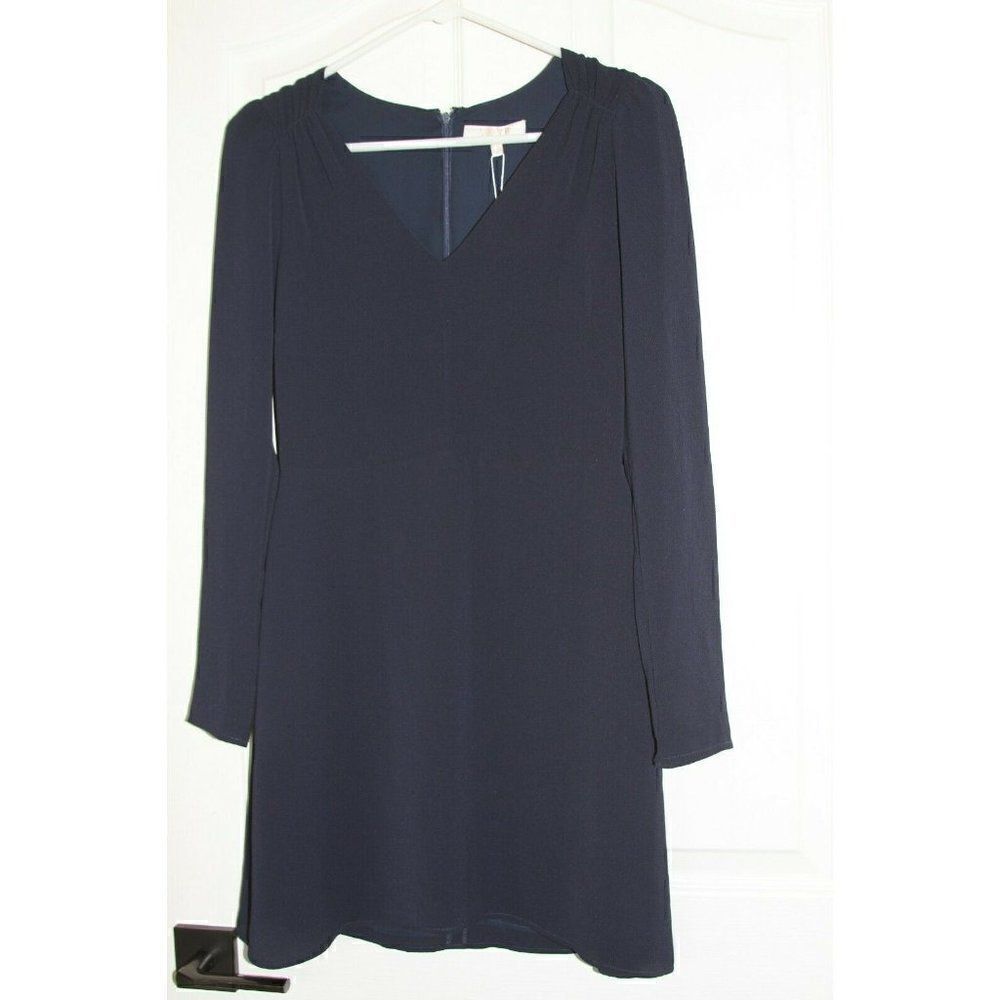 WAYF Dress Navy Blue V-Neck Long Sleeves Crepe Lined 28" Bust Juniors S NEW